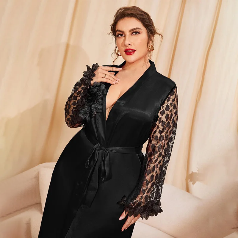 Silk pajamas women summer sexy lace kimono pajamas plus size loose fashion casual pajamas