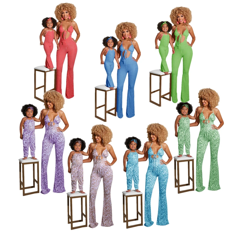 
Wholesale Mommy and Me Jumpsuit Women long pants fashion onesie Baby Girls Rompers stripe Print Summer Mommy and Me Outfits 