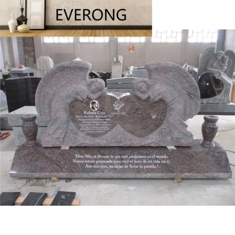 Cheap purple paradiso granite headstones angel gravestone winged wrapped heart headstone with roses grave stones and monuments