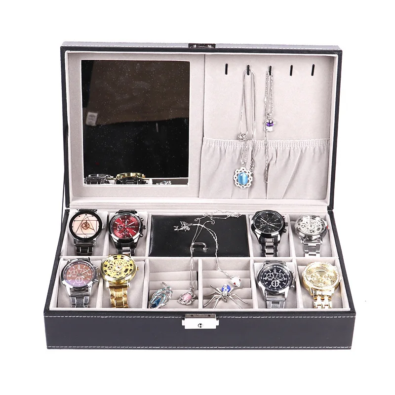 wholesale luxury pu leather watch jewelry organizer box custom logo black watch jewelry box with mirror