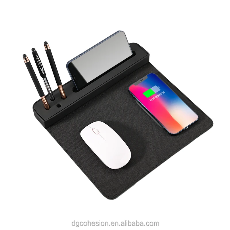 Wireless Eco-friendly Pu Microfiber Material Black Custom Mouse Pad Pen Holder Phone Charger