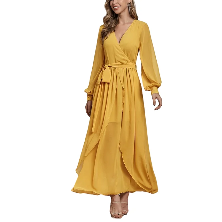 2022 long sleeves Fashion factory Custom Lady Chiffon Ruffle Maxi Tunic Dress Vestidos Women Elegant Summer Casual Dresses