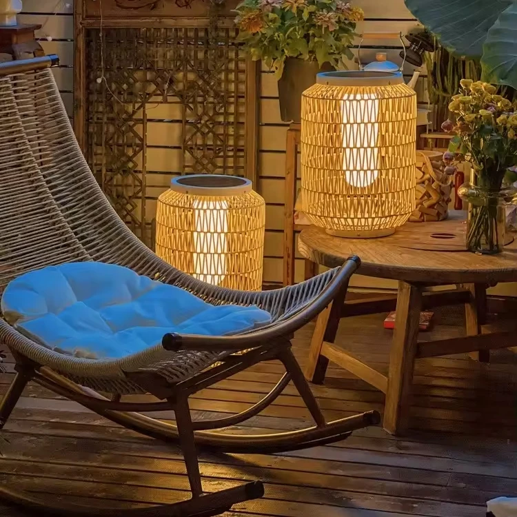 LED Hand-woven Hand Made Modern Garden Floor Lamp Wicker Shade Waterproof Glass Outdoor Rattan Floor Lamps