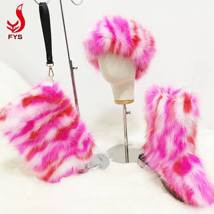
New arrival long hair fuzzy colorful mommy and me fur hat headband purse boots set 