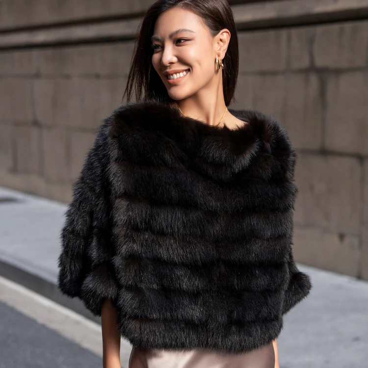 Custom Factory Direct Sales Russian Sable Fur Fashion One Line Neck Cloak Design Pullover Real Mink Fur Loose Top For Women