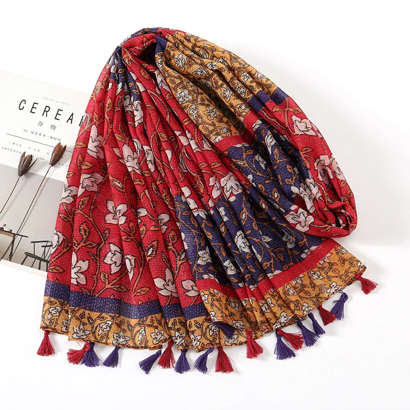 Factory Custom Fringe Tassel Shawl Vintage Color Contrast Floral Printed Hijab Travel Sun Protection Shawl Scarf For Women