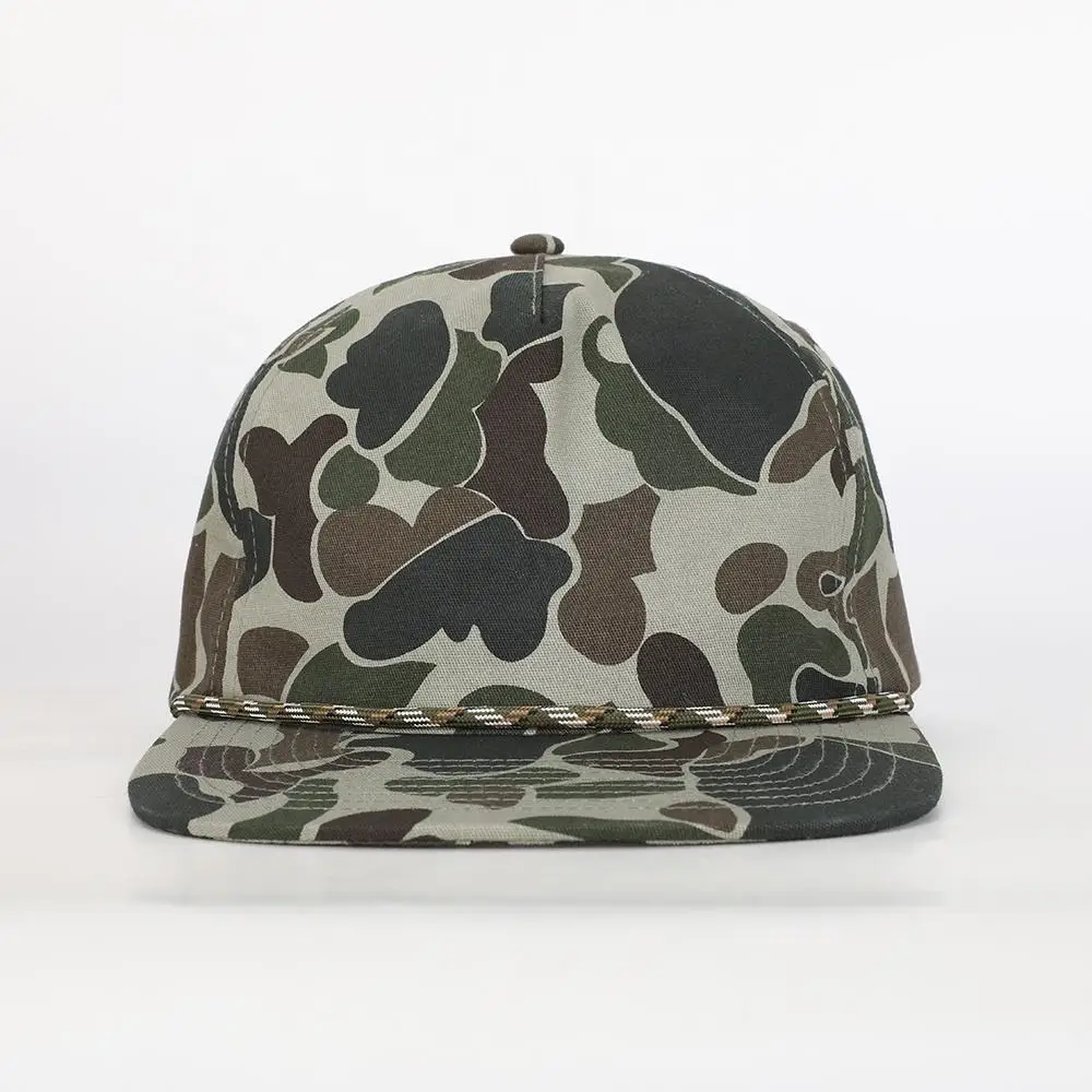 Oem Wholesale Custom High Quality Embroidery Logo 5 Panel Sport Flat Brim Hat Camo Cotton Sport Gorras Cap Rope Snapback Cap