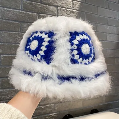 2022 New design rabbit hair loin bucket hat Autumn Winter knitting plush fisherman hat China-Chic style outdoor cap tide