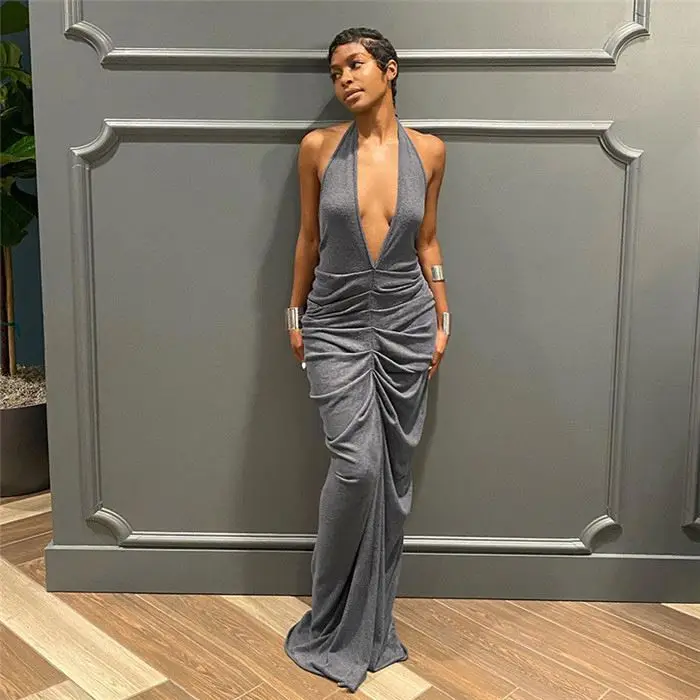 D8078A-fashion style deep v neck bodycon maxi dress ruffle women sexy dresses 2022