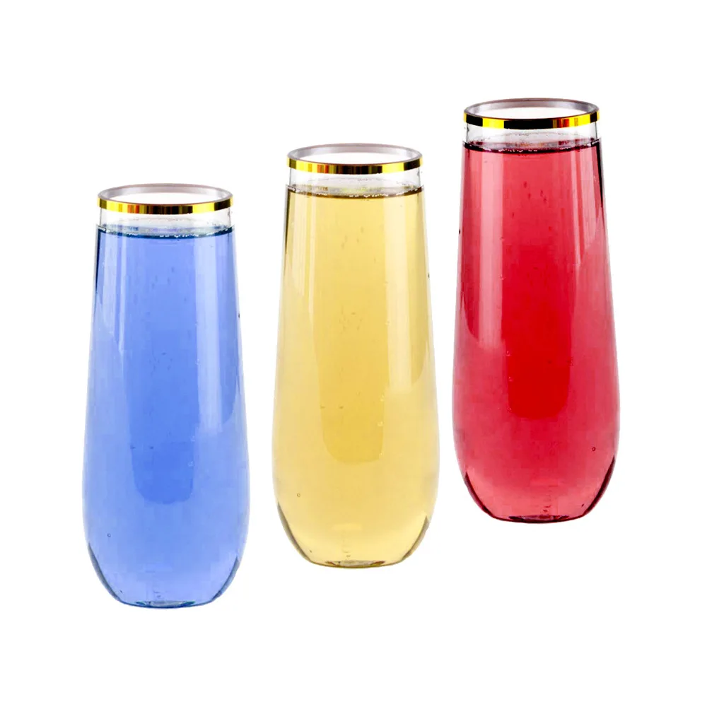 DD1049  Shatterproof Drinkware Party Wedding Clear Cocktail Stemless Plastic Wine Glasses Gold Rim Plastic Champagne Flutes