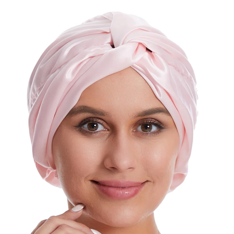16mm 100% Silk Turban Sleep Cap Women Wrap Double Layer Hair Bonnets with Elastic Band Silk bonnet