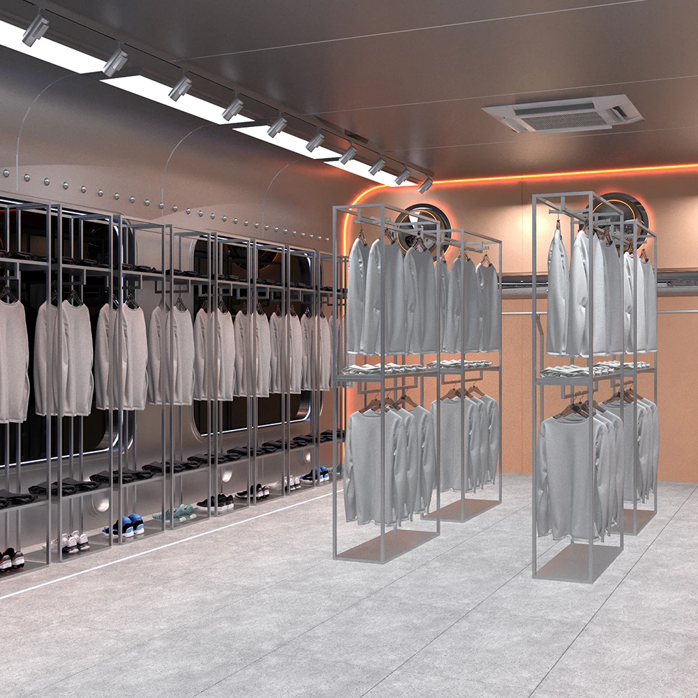 Oem wholesaler tailored light design metal shelves turkey clothes rack clothing store furniture for solution