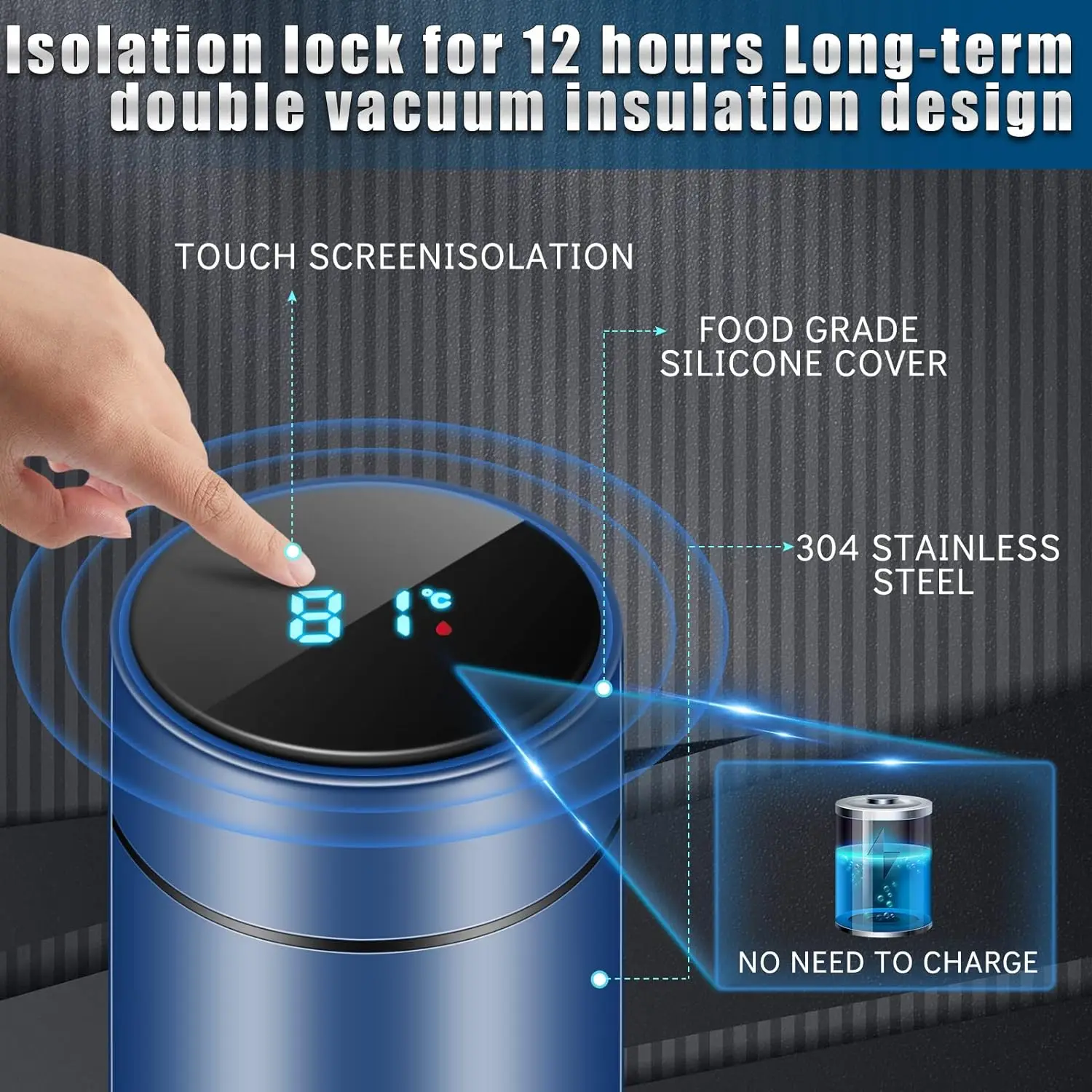 Temperature Water Bottle LED Display  Double Walled Vacuum Insulated , BPA-free Leak Proof Keep Cold and Keep Warm 12H