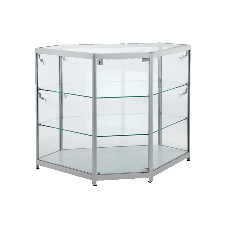 Aluminum frame silver pink color glass and MDF corner showcase design with storage cabinet
