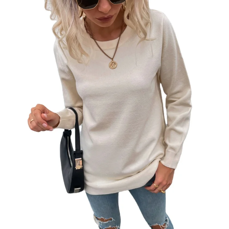 2021 Middle-length solid color long sleeves knitwear O-neck buttons split sweater women