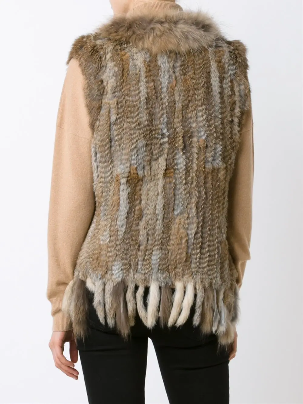 YR006A Casual Style Ladies Hand Knitted Genuine Rabbit Fur Vest with Raccoon Dog Fur Trimming