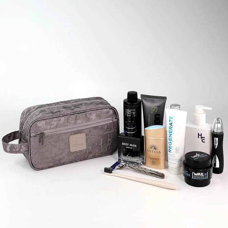 Logo Pattern Men Handle Organizer Waterproof Fabric Travel Zipper Pouch Wash Grey custom toilet bag