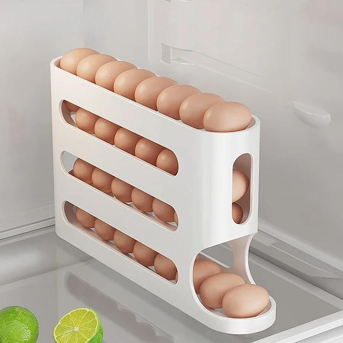 4 Tiers Automatic Refrigerator Egg Holder 30pcs Fresh Eggs Storage Container Box Large Capacity Rolling Egg Rack Dispenser