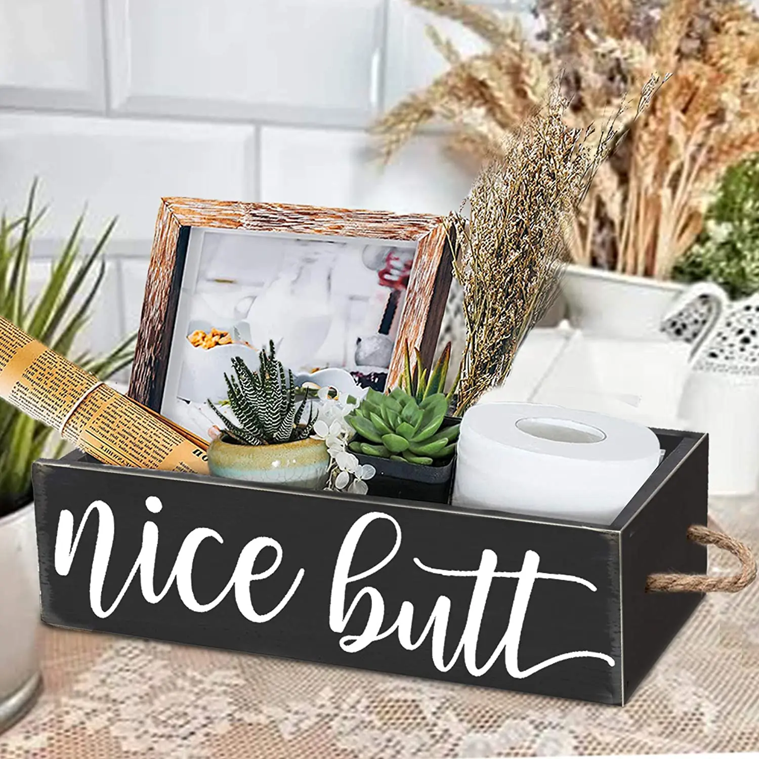 Rustic Black Wooden Planter Basket Storage Organizer Box | Customized Words Tank Holder Caddy With Rope