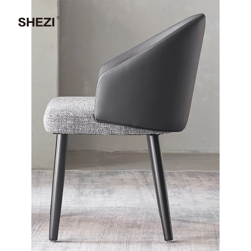 SHEZI Nordic Design Upholstered Dining Room Pu And Linen Cloth Material Low Back Wood Legs Grey Armrest Dining Chairs In Foshan