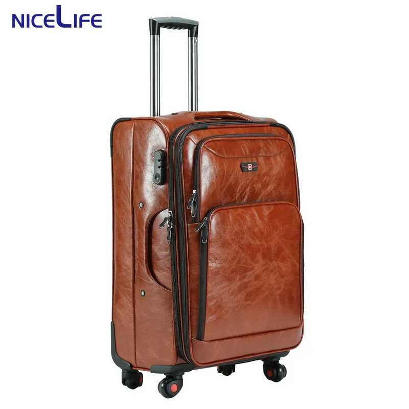 High Quality PU Leather Suitcase 20/24/28inch Carry on Vintage Trolley Luggage Waterproof Travelling Luggage Bag