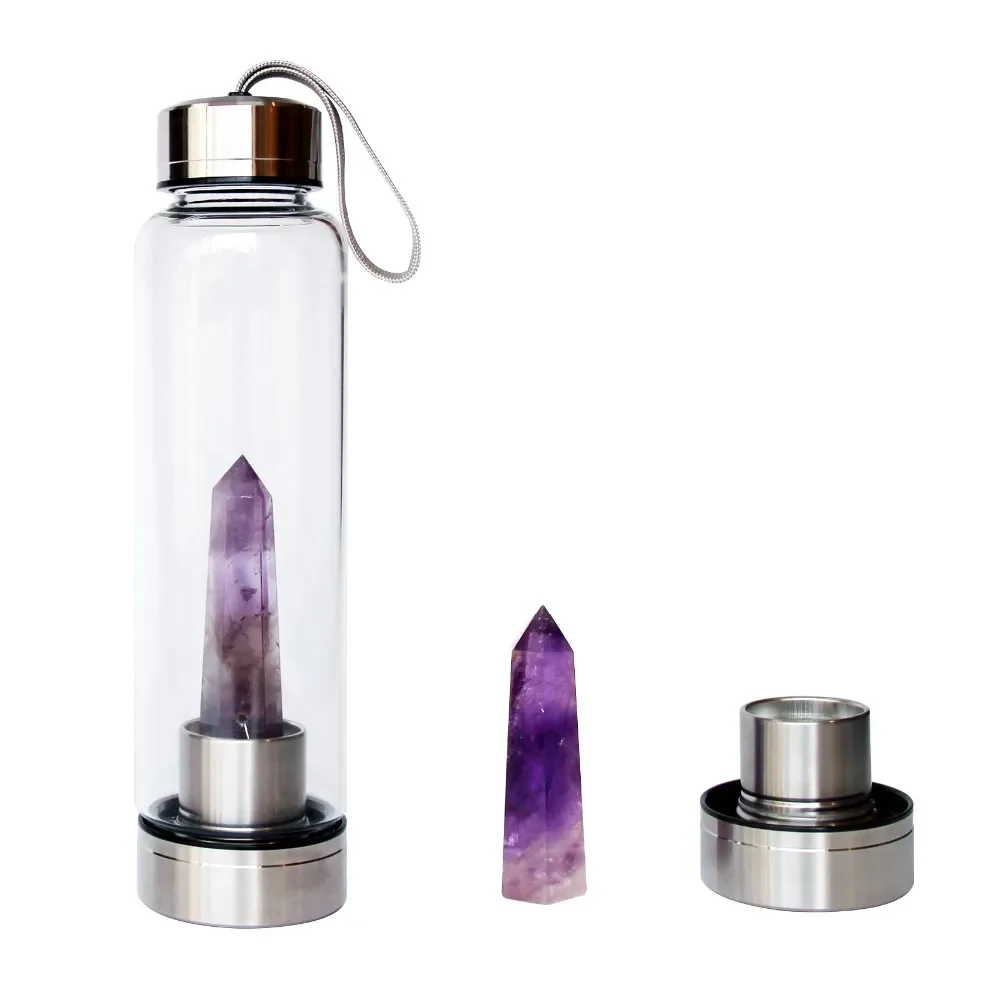 C&H Wholesale  New Design 450ML/500ML Luxury Healing Logo Customization Gemstone Infused Crystal Glass Water Bottle