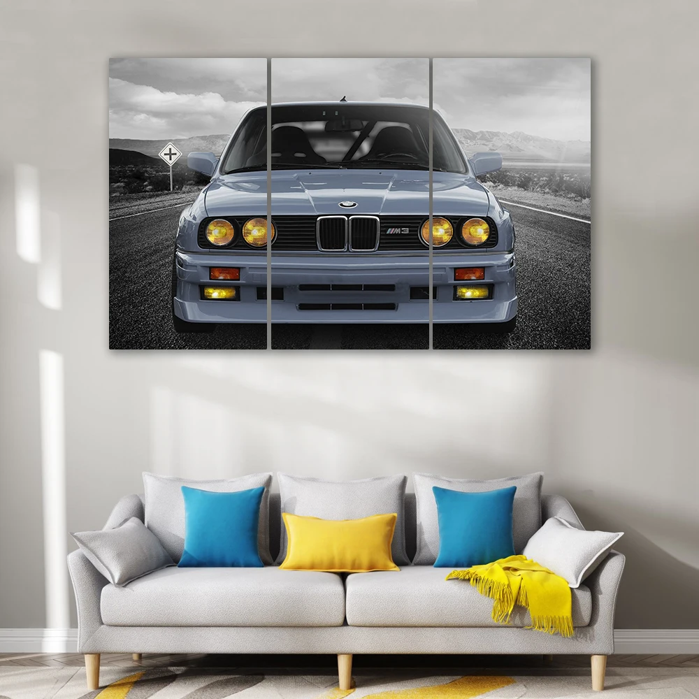 3  Panels Original Framed Sport Car Gray Color Classic Poster Art Ready To Hang Wall Living Room Wall Art