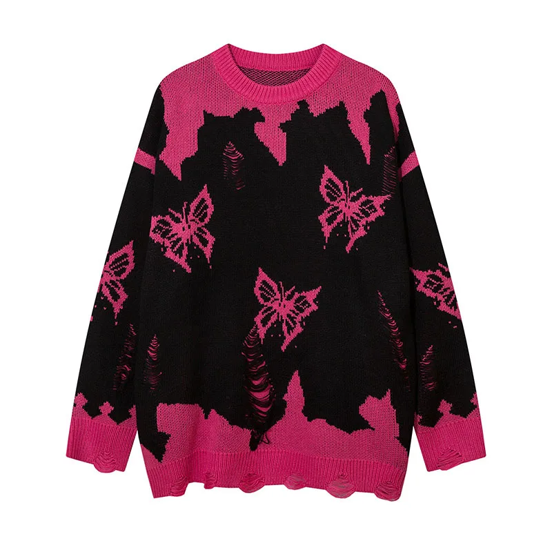 High Quality Autumn and winter Trendy Black Butterfly Jacquard Soft and Waxy Knitted Oversized Couple Sweater
