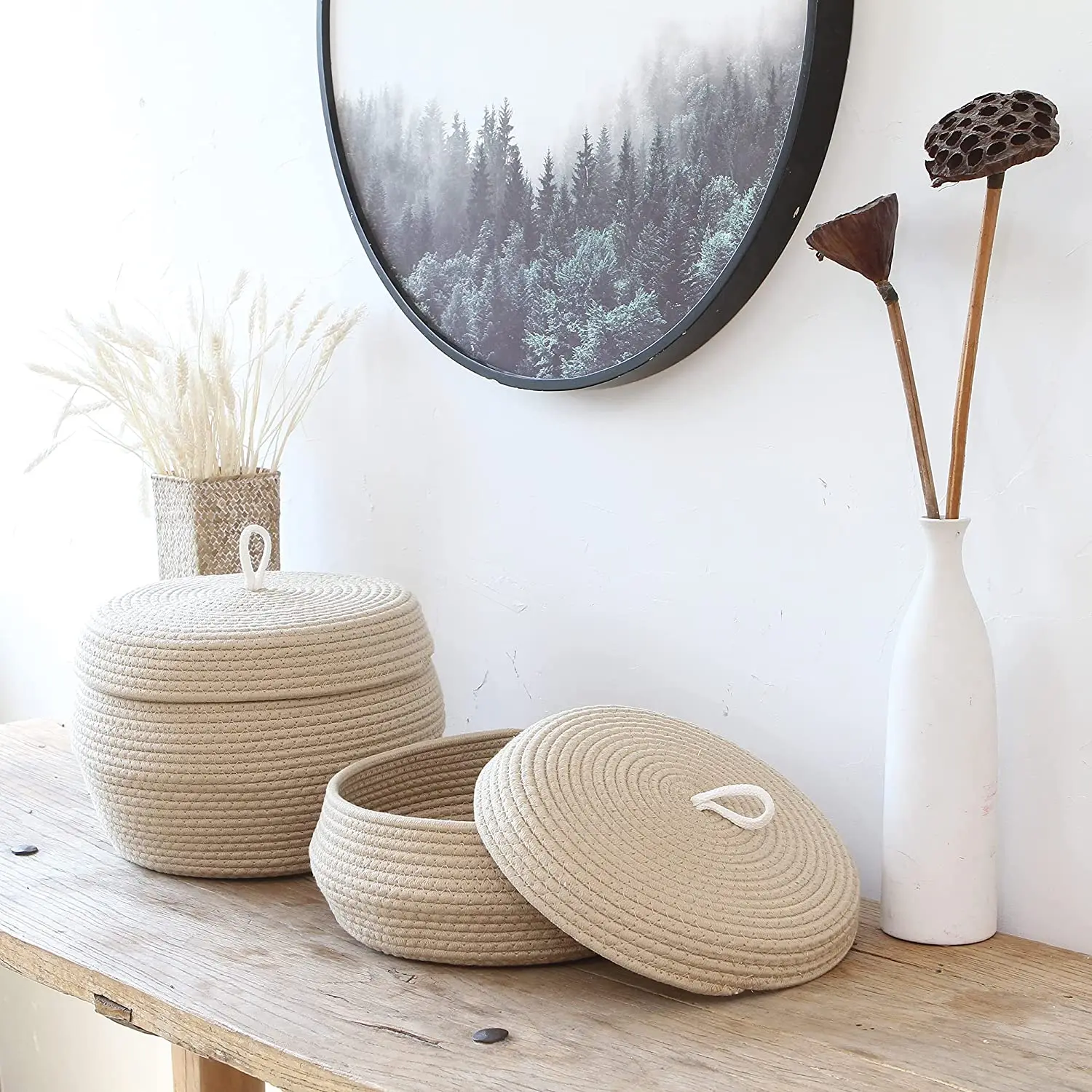 QJMAX Decorative Woven Storage Bin Round Cotton Rope Storage Basket With Lid