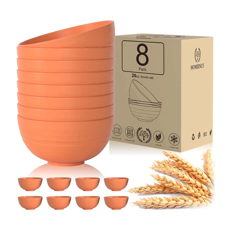 Eco Friendly Biodegradable 8 Pcs Cereal Bowls Unbreakable Wheat Straw Dinnerware Bowl Set Noodle Salad Rice Soup Bowls
