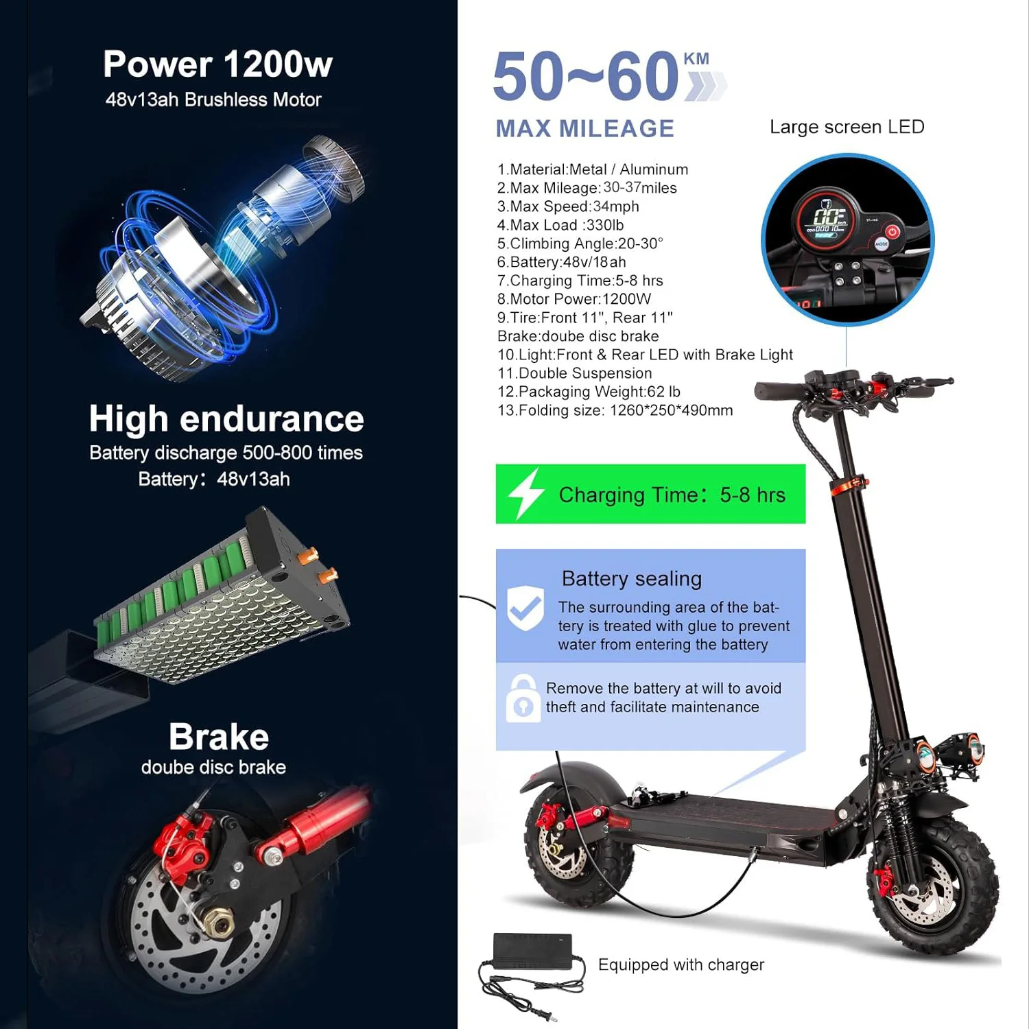 USA Warehouse 1200W 48V 18AH, 11' Solid Tires, Max 55KM/H, Up to 60KM Range, Portable Folding E-Scooter for Adults