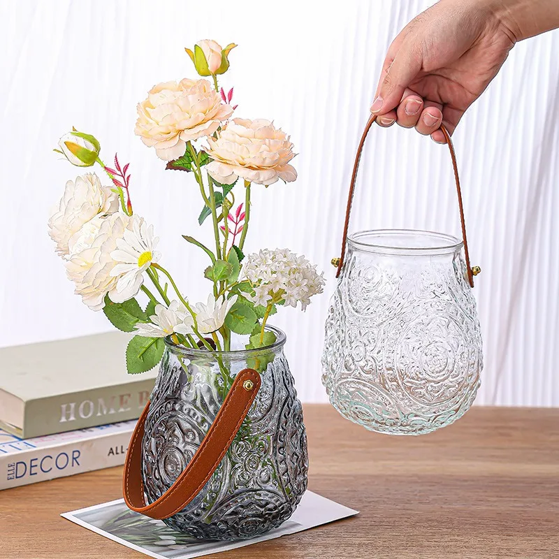 Nordic Style Ins Leather Decorative Glass Crystal Vase High-End Home Purse Wholesale Light Luxury Embossed Glass Bottle Premium