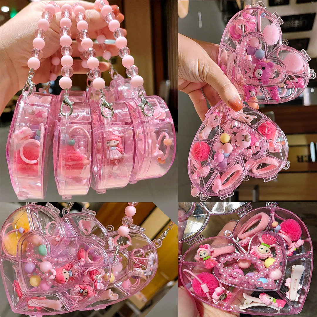 Baby Girls Clear Heart Box Resin Acrylic Bead Chain Kitties Rabbits Pendant Necklaces Bracelets Rings Jewelries Sets