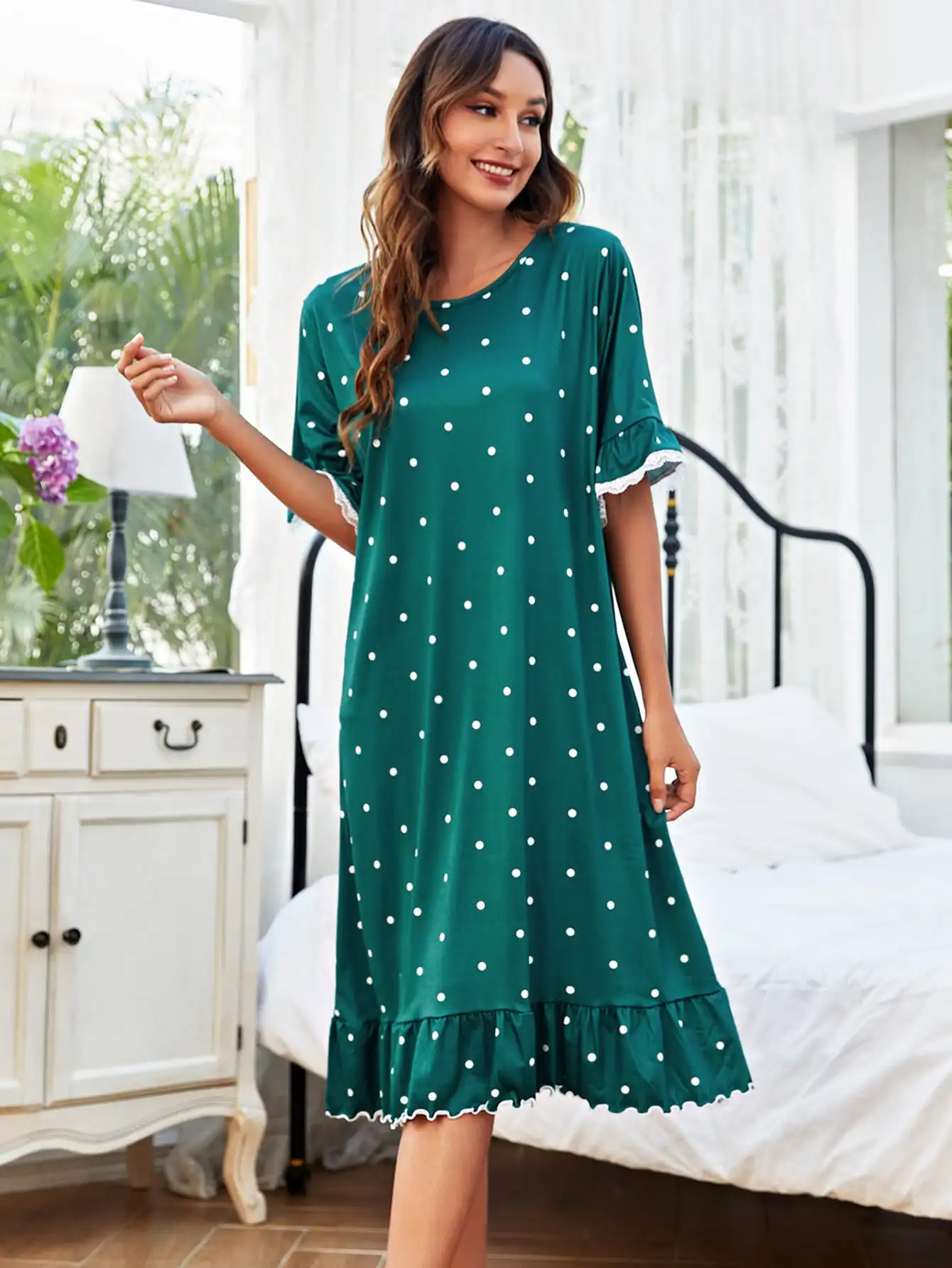 Viscose from Bamboo Custom Woman Night Dress Polka Dot Night Gown Ruffle Lace Trim Nightgown