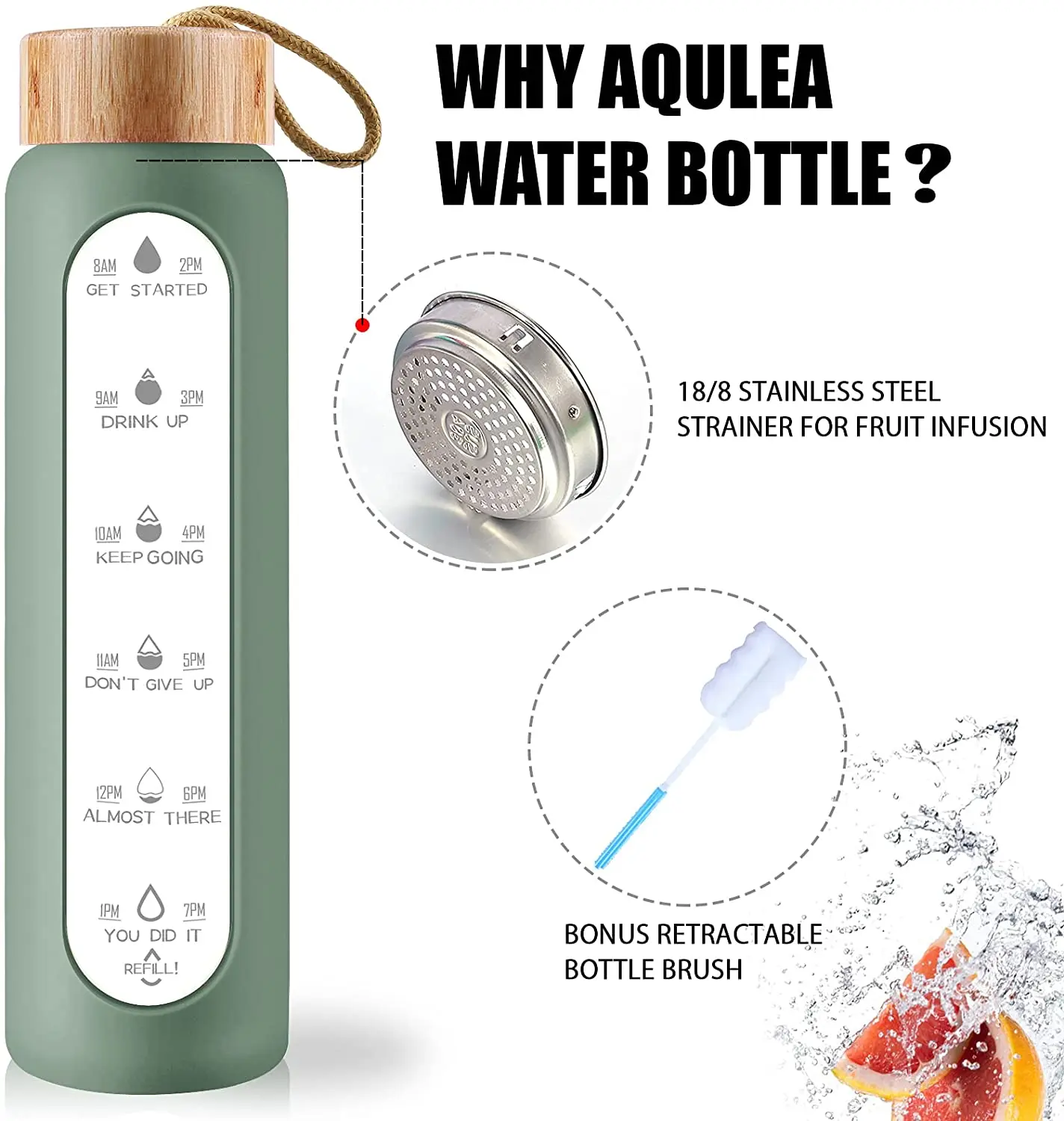 32oz Borosilicate Glass Water Bottles with Time Marker Motivational Glass Water Bottle with Silicone Sleeve and Bamboo Lid