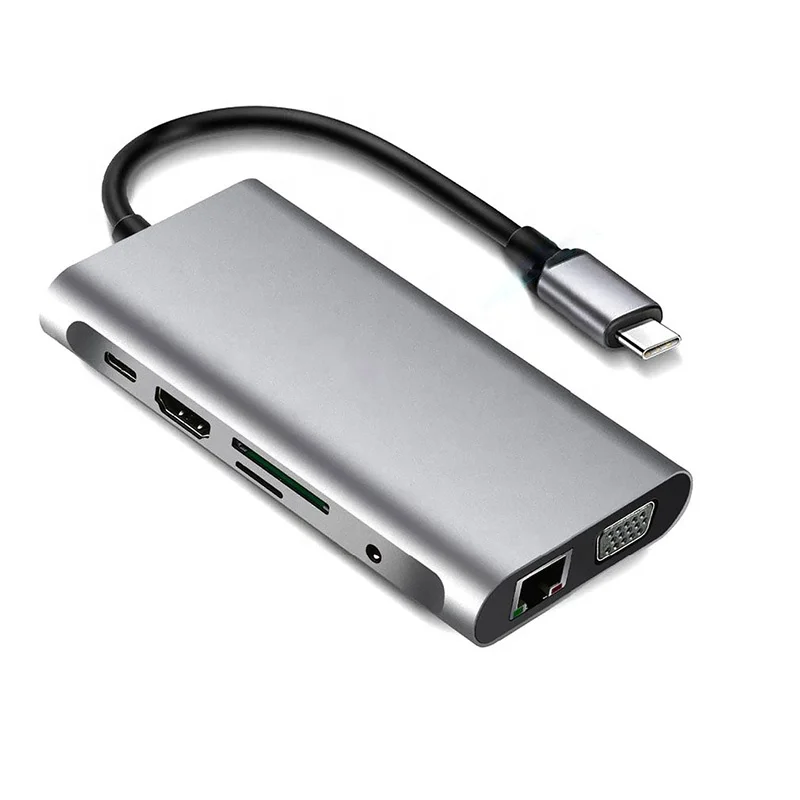 Драйвер Rj45 100 м Сетевая карта Usb C Hub адаптер 1000 Мбит/с Vga Type-C док-станция Hd-Mi Tf/Sd карты контактов для тестирования 10 в 1 взаимный обмен данными между компьютером и периферийными устройствами Type-C-концентратор