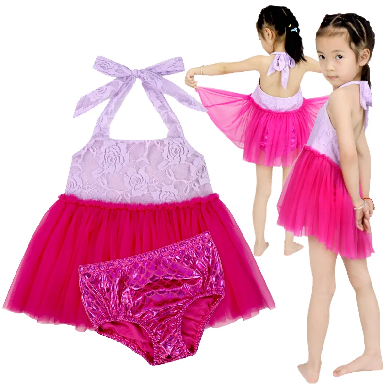 Baby pink trick Lace Strap dress and Diaper Cover Set 2 pieces set toddlers tutu dress Mermaid shorts custom