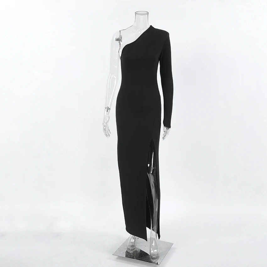 OOTN Long Elegant Dresses for Women Summer One Shoulder Maxi Dress Bodycon Sexy Black Slit Formal Wedding Evening Party Dress