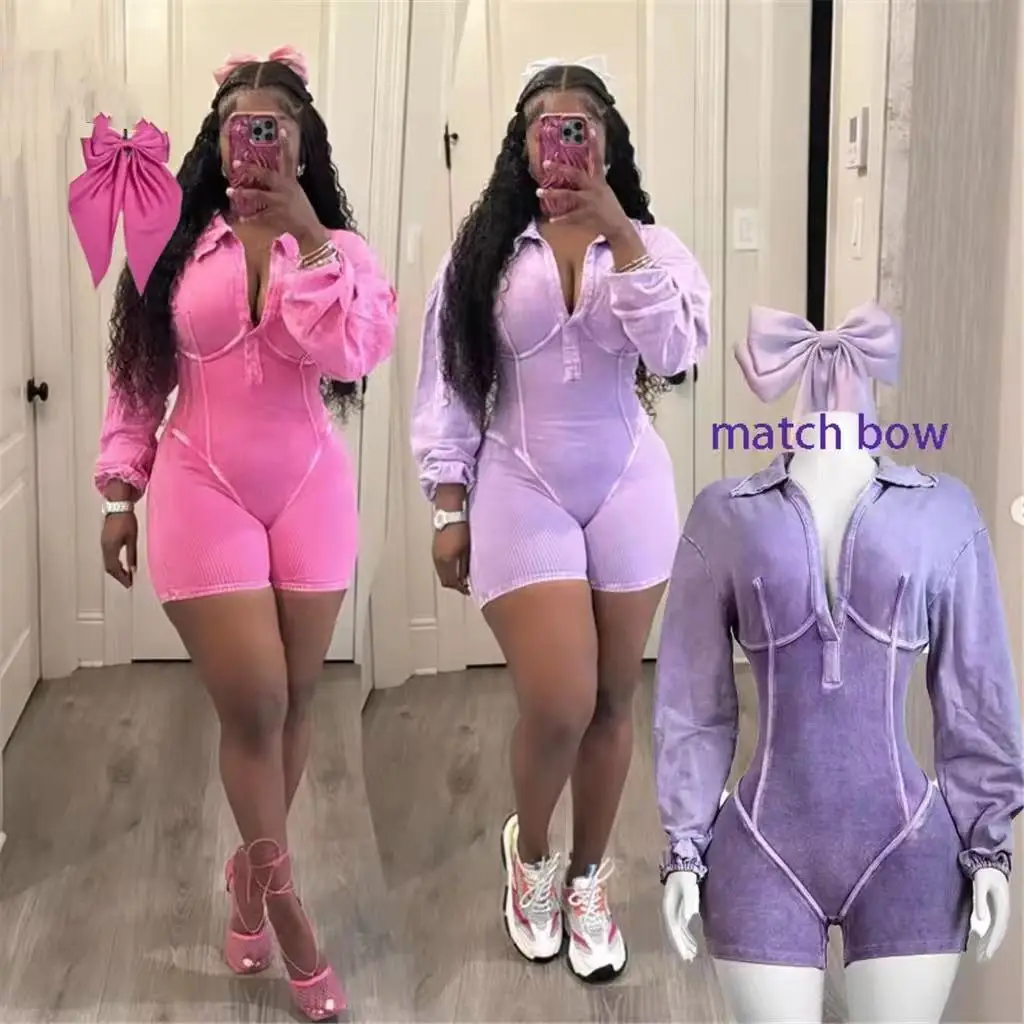 ZHEZHE Cotton Long Sleeve Washed Knitted Jumpsuit + Bow 2 Pcs Set High Quality Romper Yoga Shorts Women