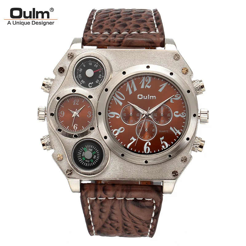 Oulm Hp1349 Luxury Leather Strap Luminous Military Multifunction Mens Style Large Dial Casual Alloy Quartz Watches