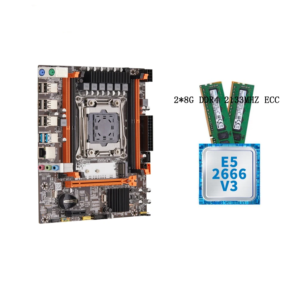X99 LGA 2011-3 Motherboard Kit with Intel Xeon E5 2666 V3 CPU and 2*8GB DDR4 2133MHz ECC REG Memory Combo Set SATA3.0 USB3.0