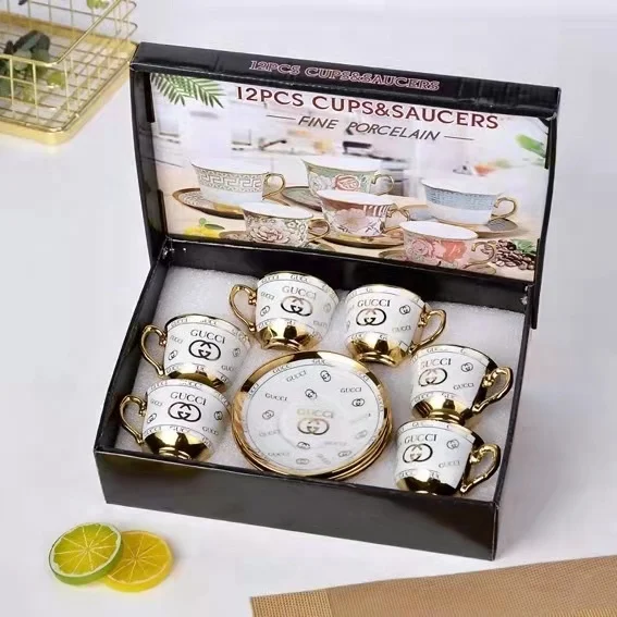 Cheap Promotional Gift Japanese Turkey Arabic Tea Coffee 12PCS Cups Saucers Set Ceramic Mugs Gild Gold