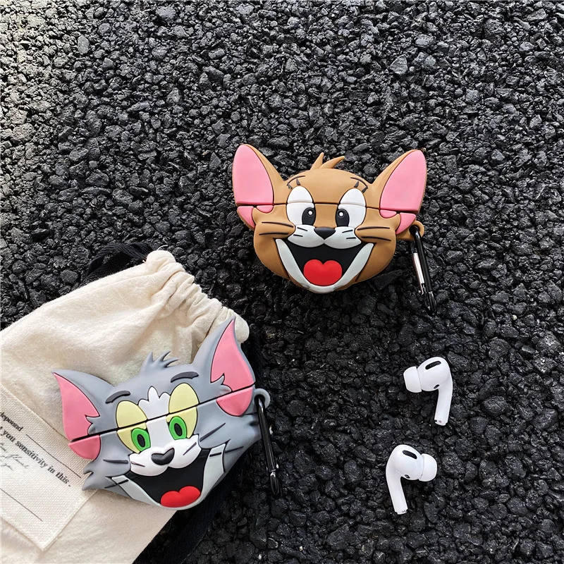 Силиконовый чехол для Apple Airpods 1/2 с милым объемным рисунком Тома кота и Джерри мыши