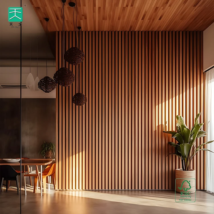 TianGe Wood Veneer Pet Mdf Composite Wall Board square slatted fluted Wooden Acoustic Slat Panel