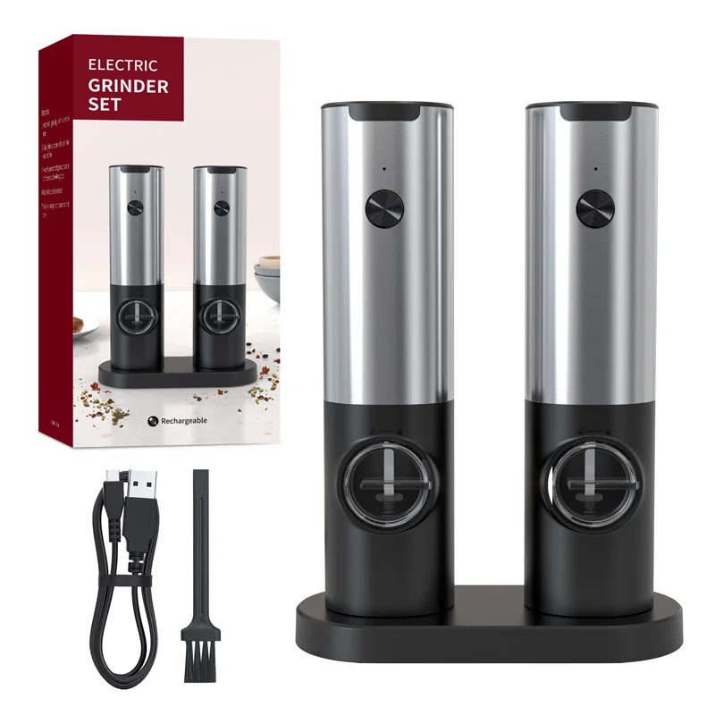 Stainless Steel Grinder Rechargeable Pepper Mill One Handed Operation Electric Salt and Pepper Mills with Light