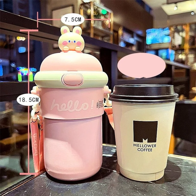 Portable 500ML Cute Animal Kids Insulated Glass Water Thermos Cup Drinking Bottle With Straw