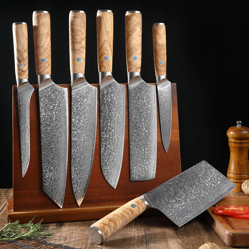 Professional Cooking Tools 7Pcs Olive Wood Handle Damascus Steel Santoku Utility Boning Chef Knife Kitchen Knife Set
