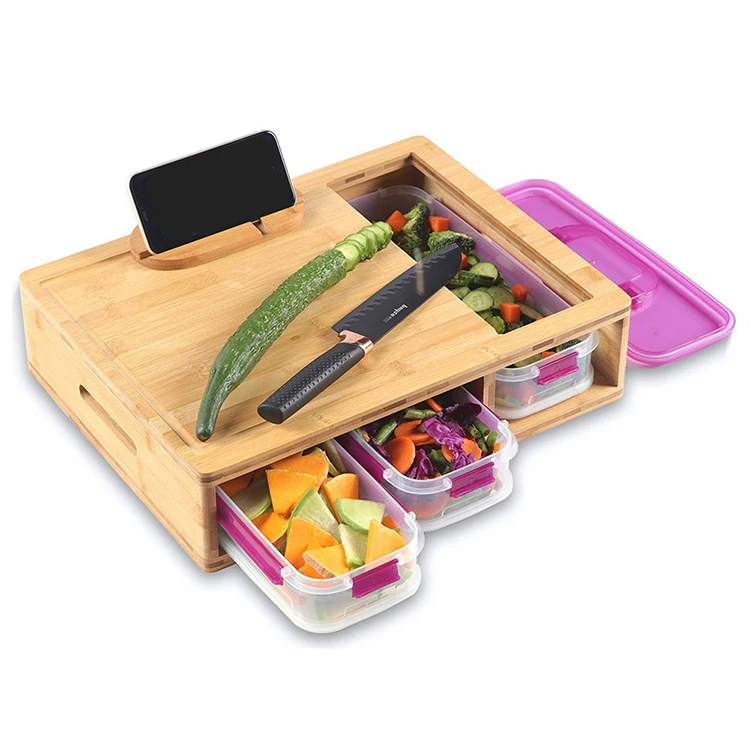 
Cutting board bamboo with storage containers - bamboo cutting board with trays - cutting boards wood 
