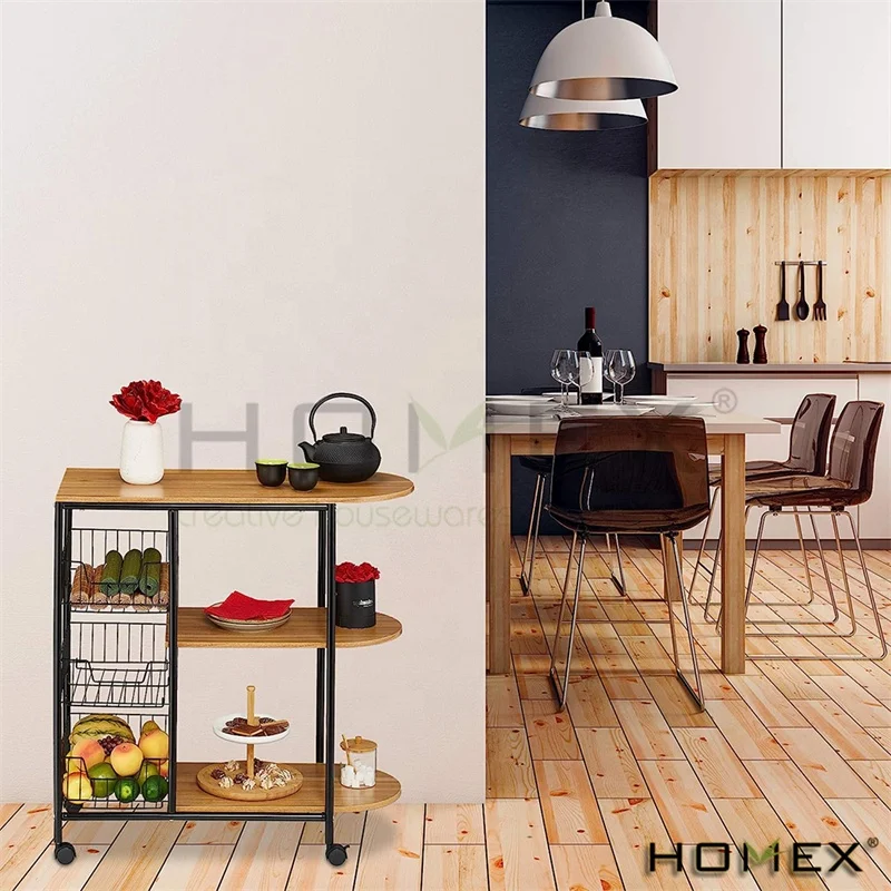 Bamboo 84 x 83 x 37 cm Kitchen Trolley Black/Light Brown Kitchen Cart with Wheel Kitchen Islands & Carts