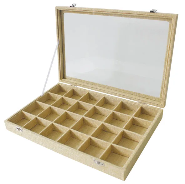 67170 24 Grids Fashion Linen Jewelry Showcase Display Tray With Glass Lid Top for Rings Earring Storage Display